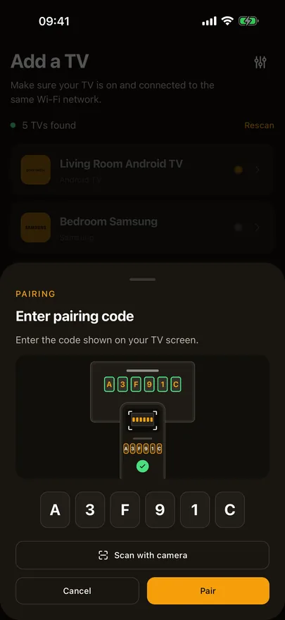 Beam's pairing sheet with a code typed in, a picture of the code on the TV, and a Scan with camera button