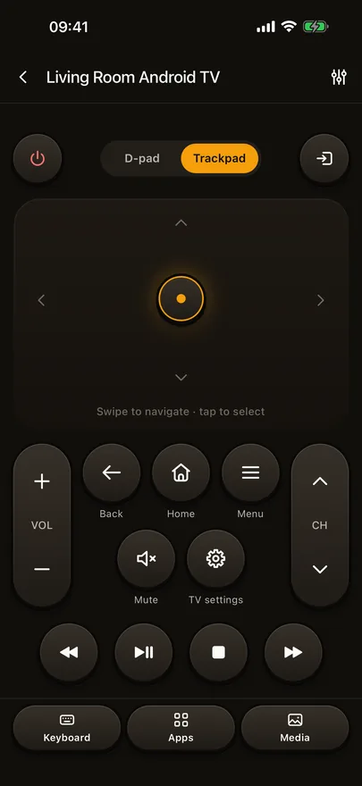 Beam's remote controlling a TV, with a trackpad, volume, channel and playback controls