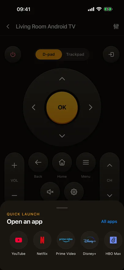 Beam's remote with the Quick Launch sheet open over it, showing streaming apps and an All apps link