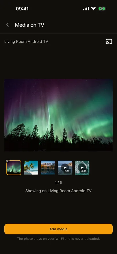 Beam's Media on TV screen showing a photo on the TV, with photo and video thumbnails and an Add media button