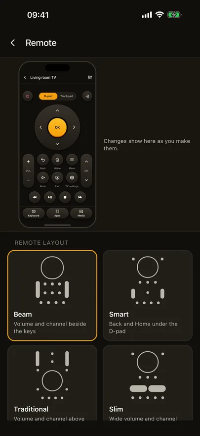 Beam's Customize remote screen with a live preview of the remote and the Beam, Smart, Traditional and Slim remote layouts